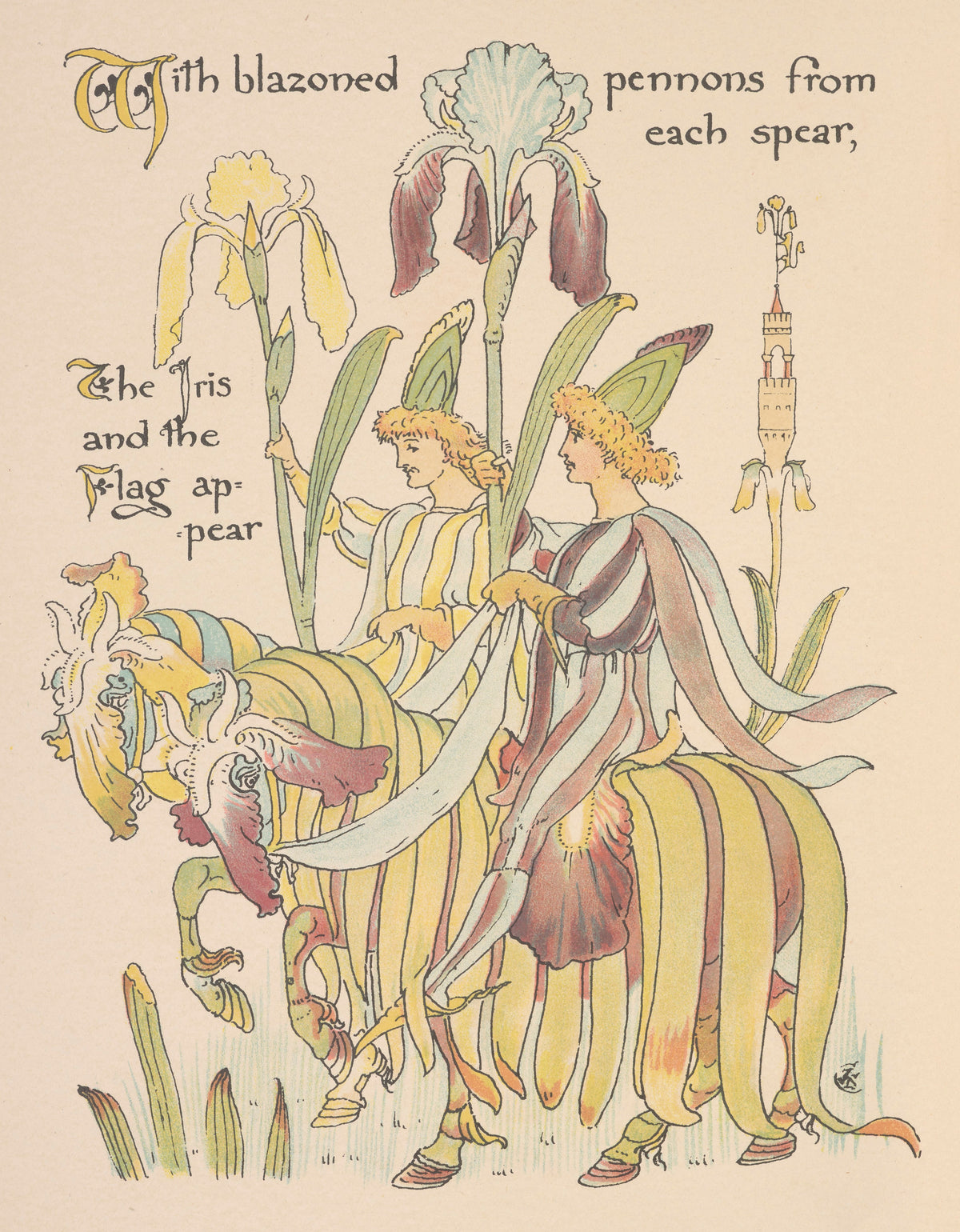 Flora's Feast: Iris by Walter Crane — Two youths in iris petals lead flower-headed horses