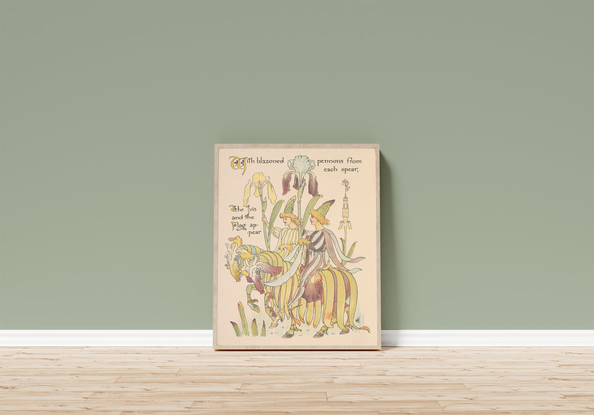 Framed art print of Flora's Feast: Iris by Walter Crane, in a light wood frame leaning on a sage green wall above a wooden floor