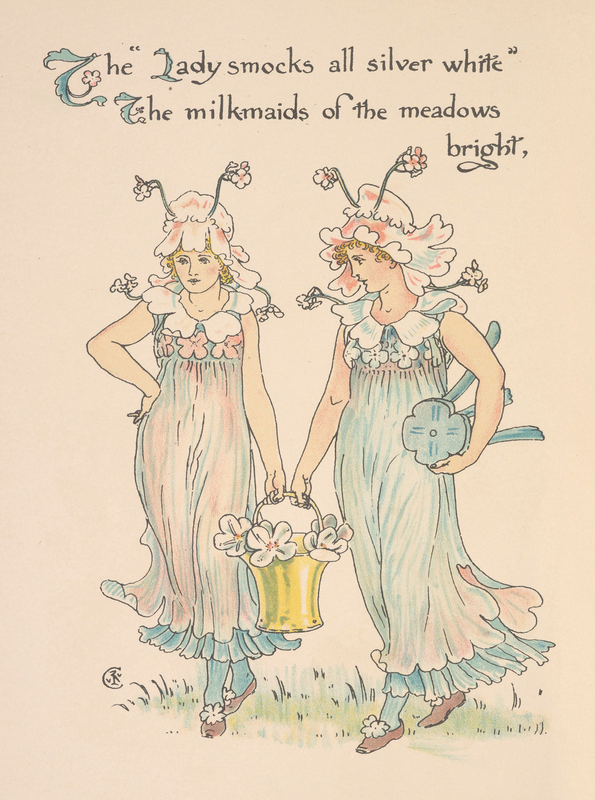 Flora's Feast: Lady-smocks by Walter Crane — Two milkmaids in pale blue gowns carry a pail of blossoms