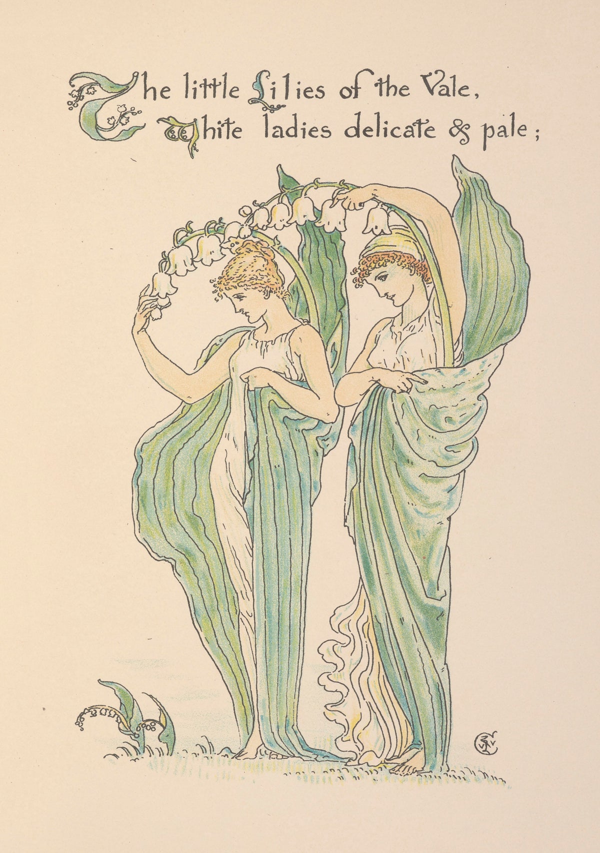 Flora's Feast: Lilies of the Vale by Walter Crane — Two women in leaf-green mantles stand under an arch of white bells