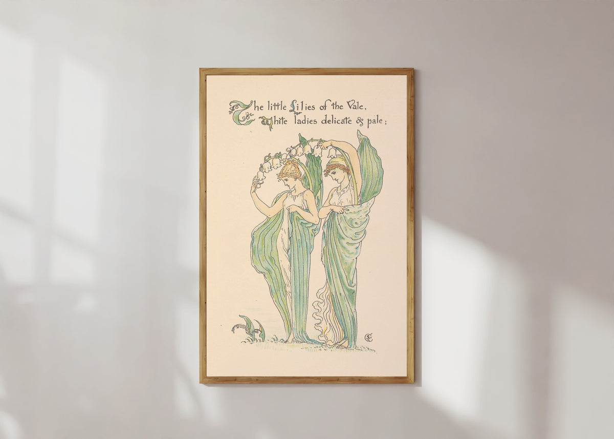 Framed art print of Flora's Feast: Lilies of the Vale by Walter Crane, in a light wood frame on a sunlit white wall