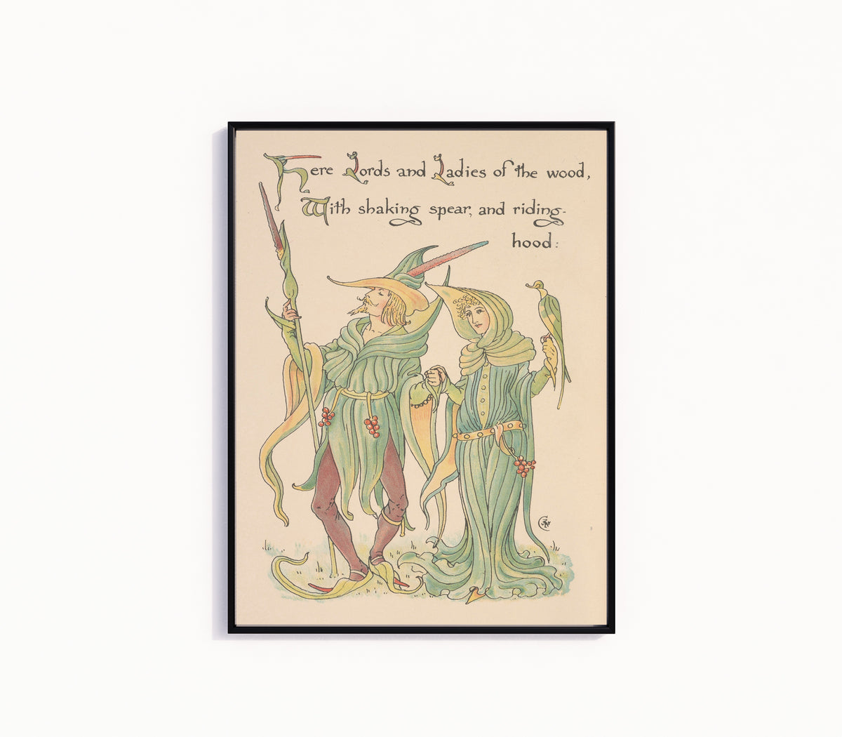 Framed art print of Flora's Feast: Lords and Ladies by Walter Crane, in a slim black frame on a plain white wall