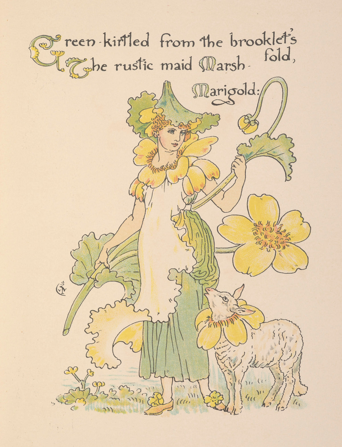 Flora's Feast: Marsh-Marigold by Walter Crane — A marsh-marigold maid in a leaf hat with a lamb in a petal collar