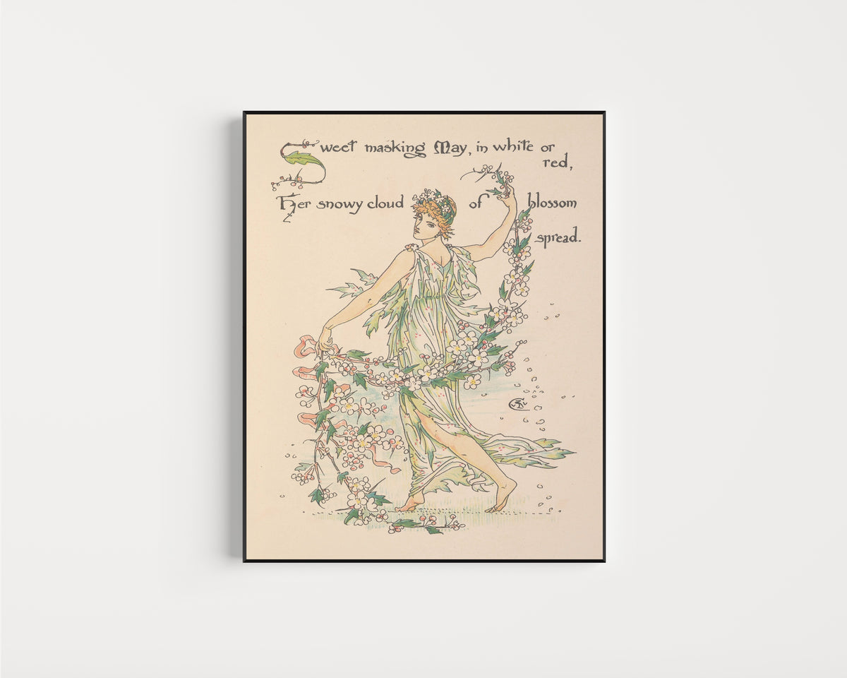 Framed art print of Flora's Feast: May by Walter Crane, in a slim black frame on a plain white wall