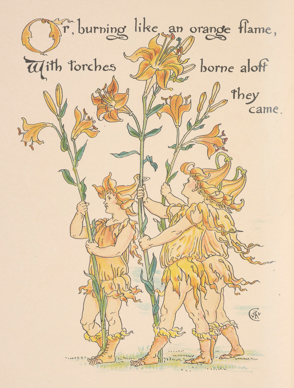 Flora's Feast: Orange Lilies by Walter Crane — Two small figures carry tall orange lily stems like torches