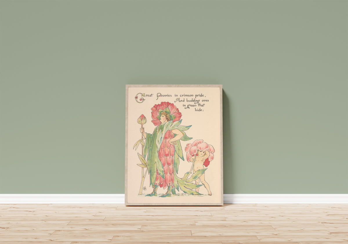 Framed art print of Flora's Feast: Peonies by Walter Crane, in a light wood frame leaning on a sage green wall above a wooden floor