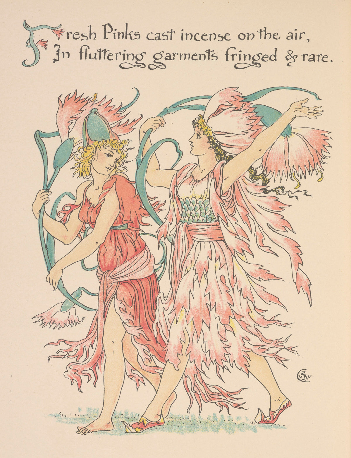 Flora's Feast: Pinks by Walter Crane — Two dancing flower figures in fringed pink and coral gowns