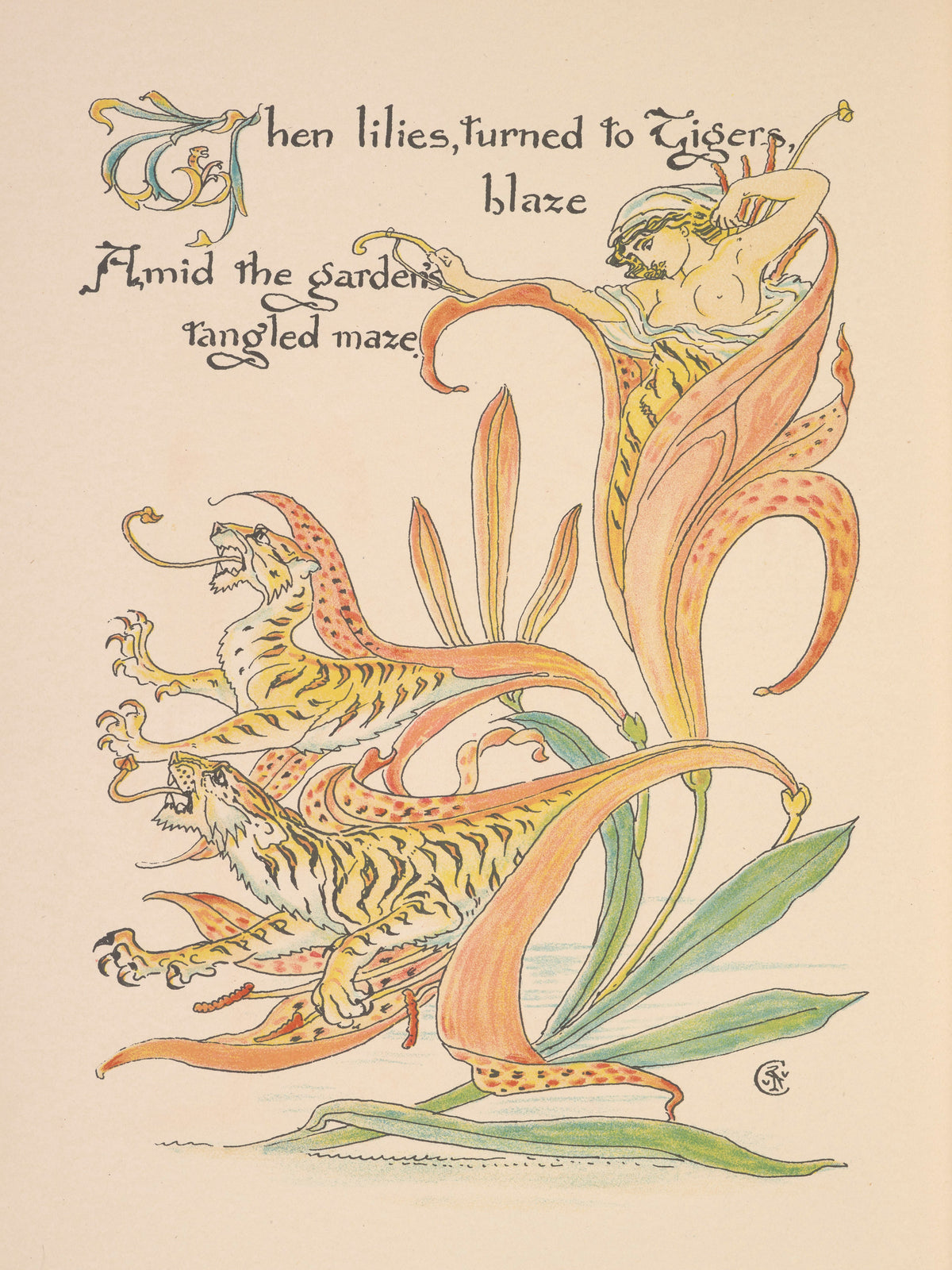 Flora's Feast: Tiger Lilies by Walter Crane — Spotted lily petals sweep around two roaring striped tigers