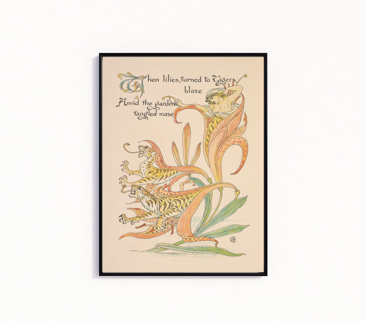 Framed art print of Flora's Feast: Tiger Lilies by Walter Crane, in a slim black frame on a plain white wall