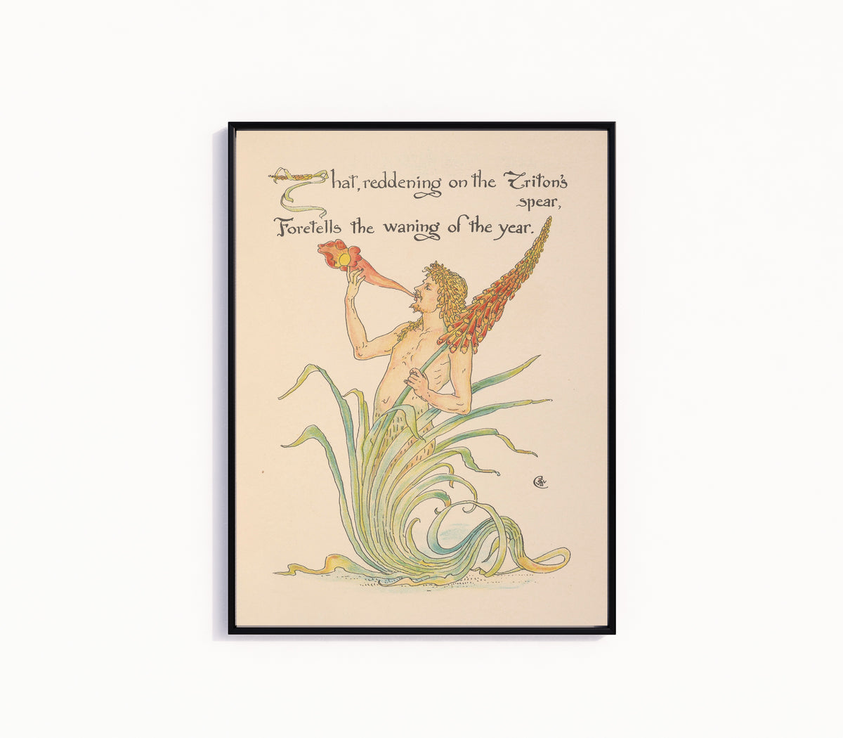 Framed art print of Flora's Feast: Triton's Spear by Walter Crane, in a slim black frame on a plain white wall