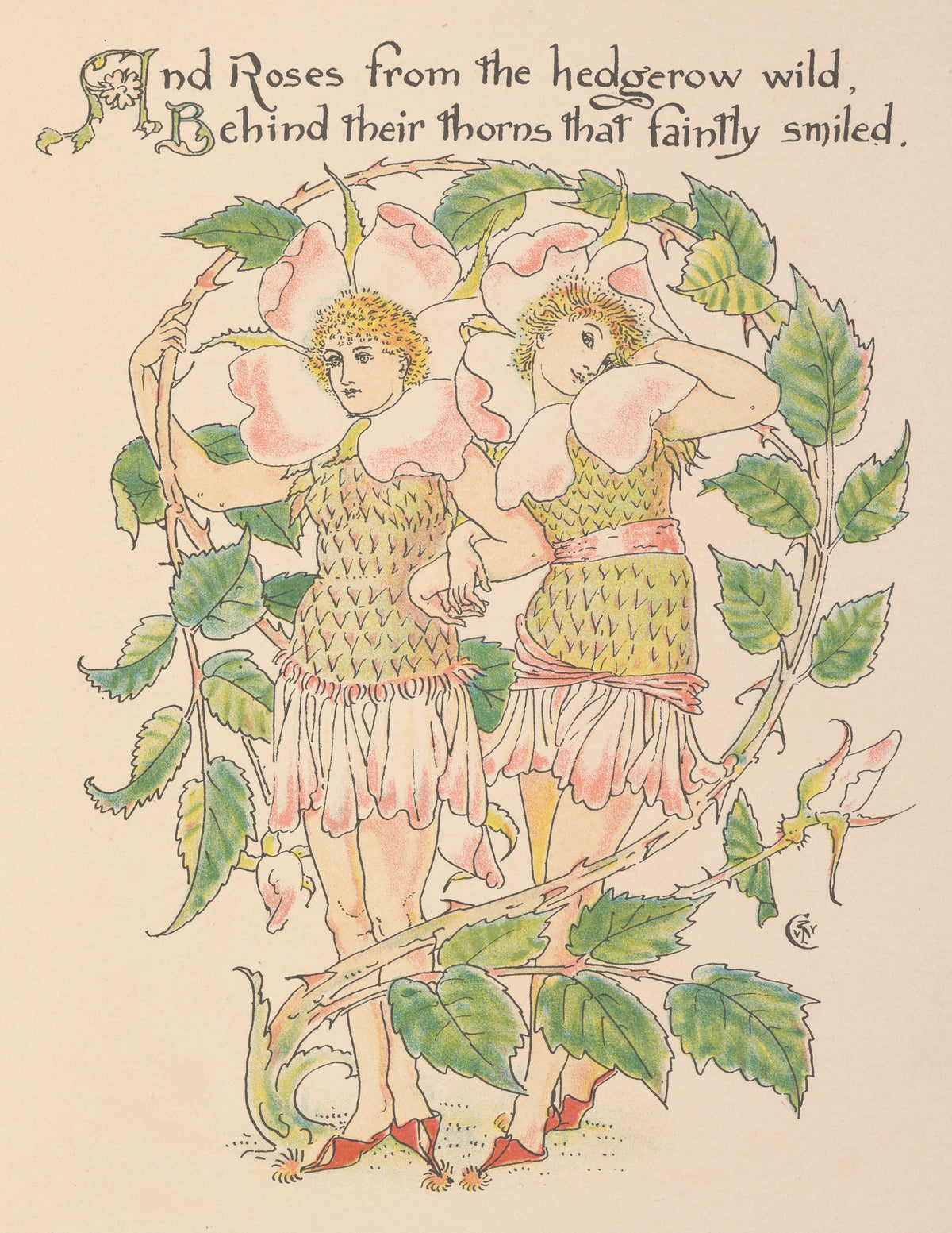 Flora's Feast: Wild Roses by Walter Crane — Two figures in wild-rose collars stand among thorny briars