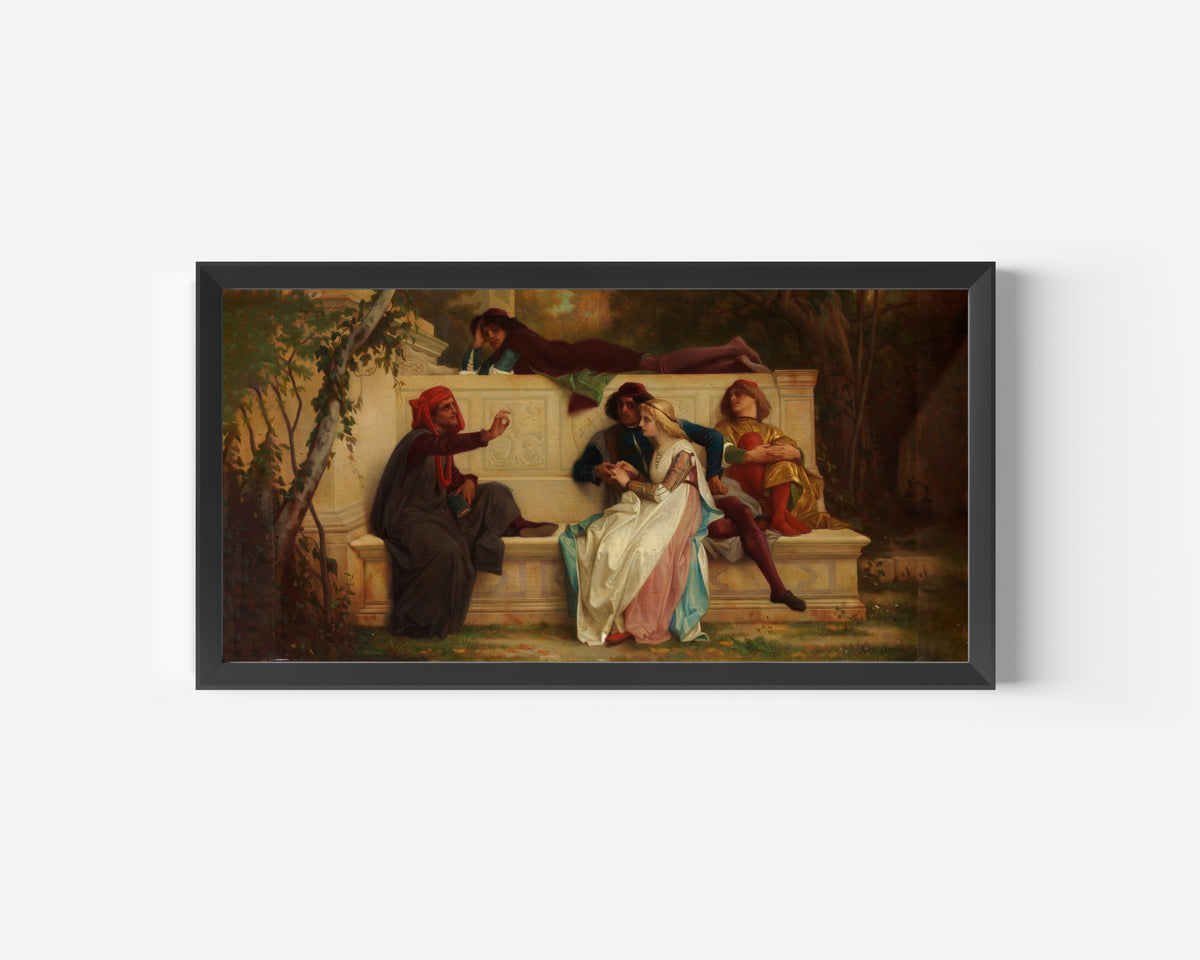 Framed art print of Florentine Poet by Alexandre Cabanel, in a wide black frame on a plain white wall
