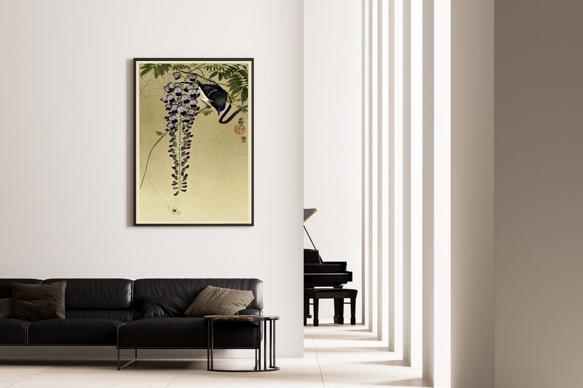 Ohara Koson — Flycatcher at Wisteria | Japanese Bird & Flower Woodblock Print