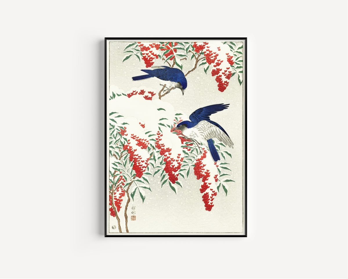 Ohara Koson — Flycatchers on a Nandina Bush | Japanese Bird & Flower Woodblock Print