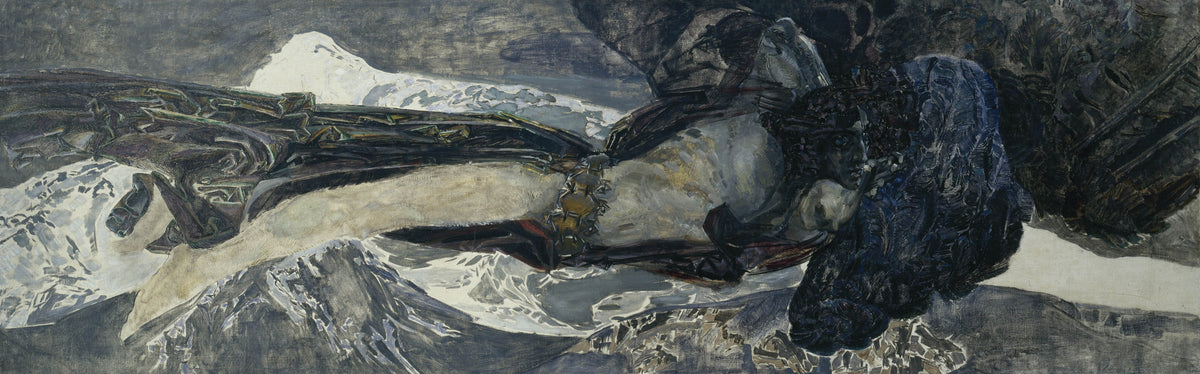 Flying Demon by Mikhail Vrubel — A dark-winged figure sweeps low over a ridge of snowy peaks