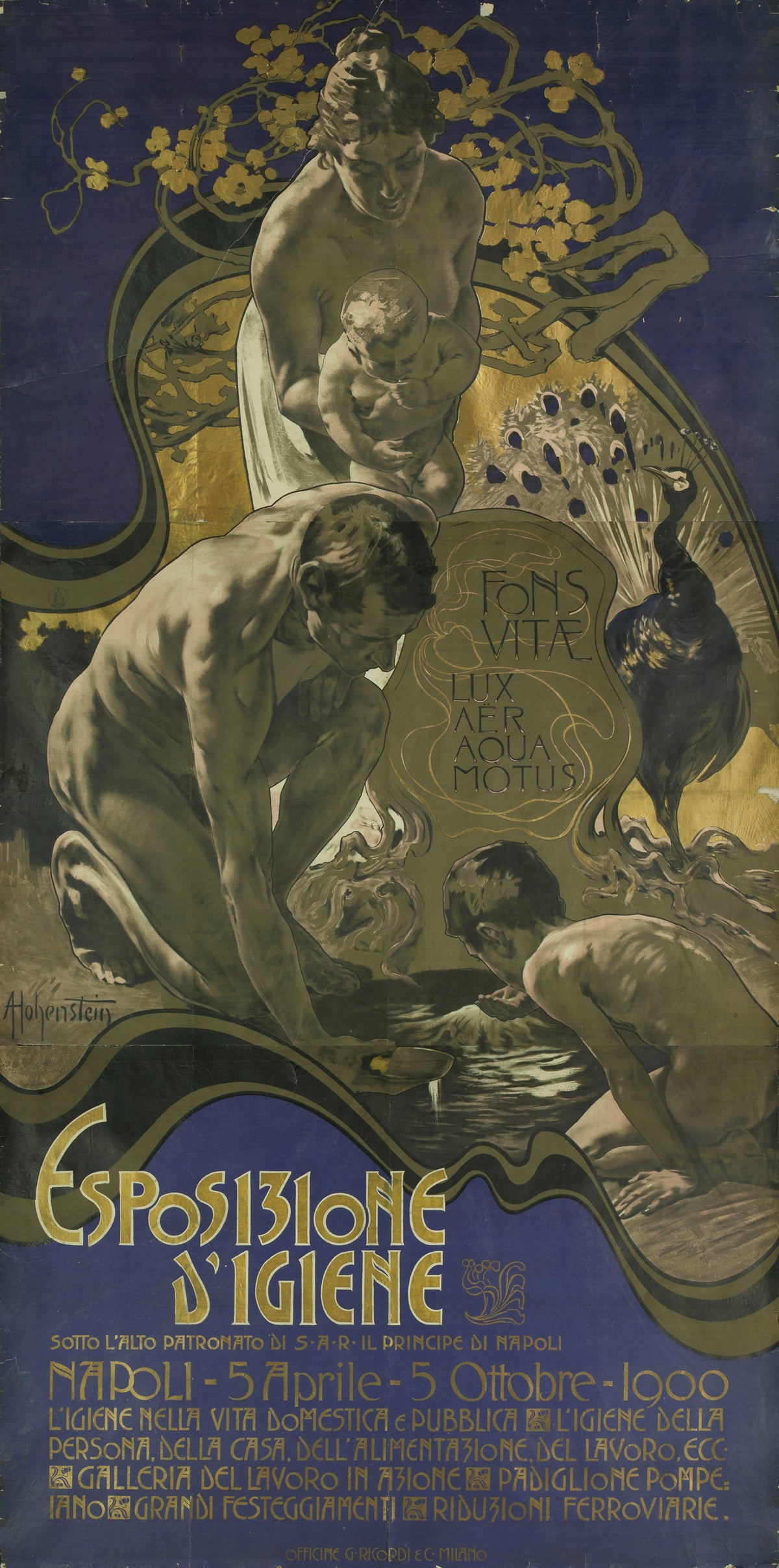 Fons Vitae: Esposizione d'Igiene, Napoli by Adolfo Hohenstein — Two men drink at a pool as a woman holds a baby above them