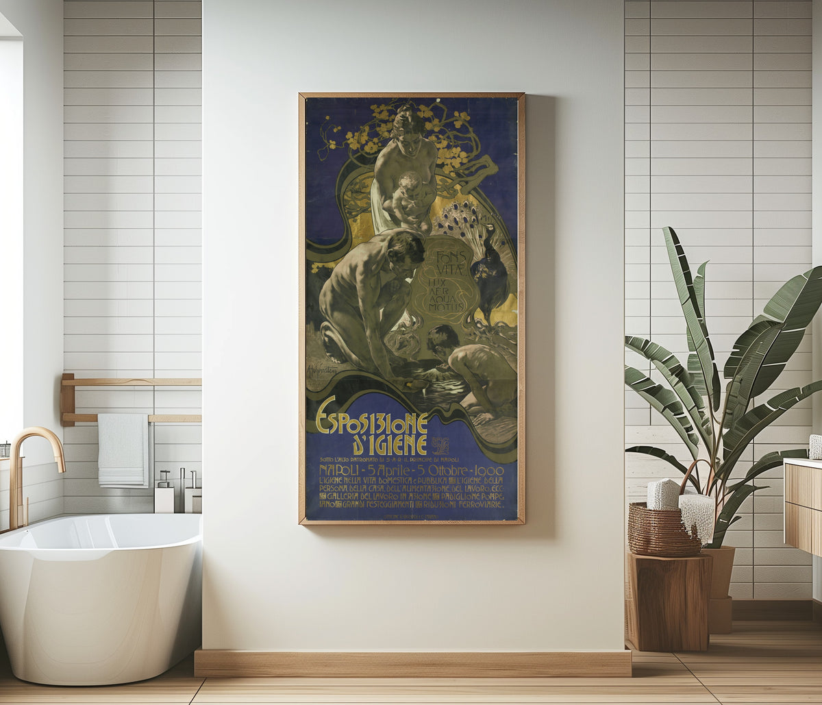 Framed art print of Fons Vitae: Esposizione d'Igiene, Napoli by Adolfo Hohenstein, in a bathroom beside a freestanding tub