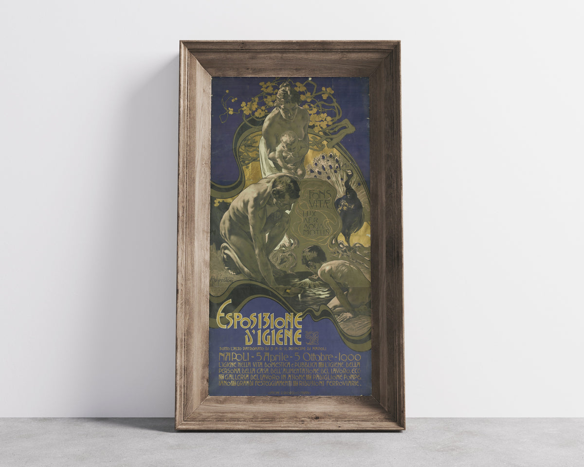Framed art print of Fons Vitae: Esposizione d'Igiene, Napoli by Adolfo Hohenstein, in a wide wooden frame leaning against a concrete wall