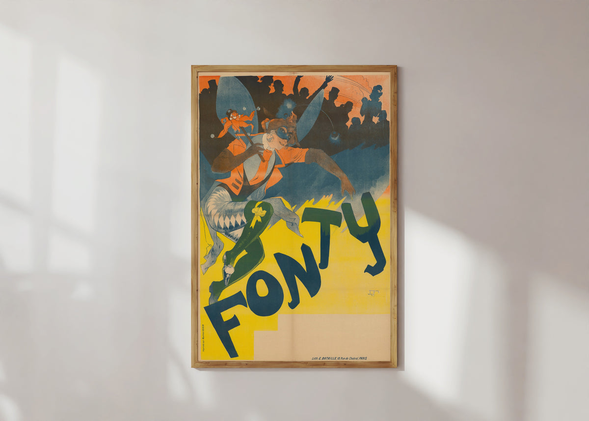 Framed art print of Fonty by Georges de Feure, in a light wood frame on a sunlit white wall