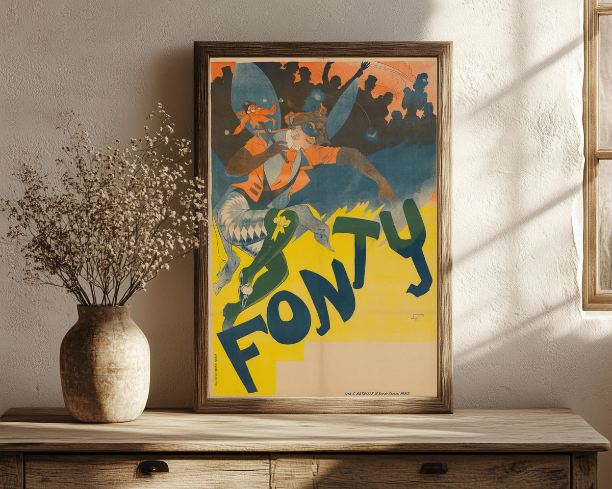 Framed art print of Fonty by Georges de Feure, in a dark wood frame leaning on a rustic console beside dried flowers