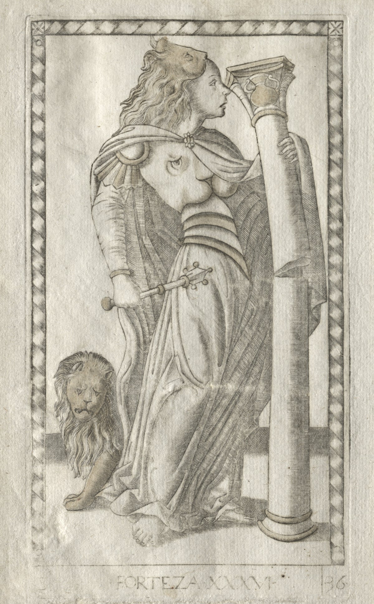 Forteza (from the Tarocchi, Series B: Cosmic Principles & Virtues, no. 36) by Master of the E-Series Tarocchi — Fortitude in a lion's-head hood breaks a