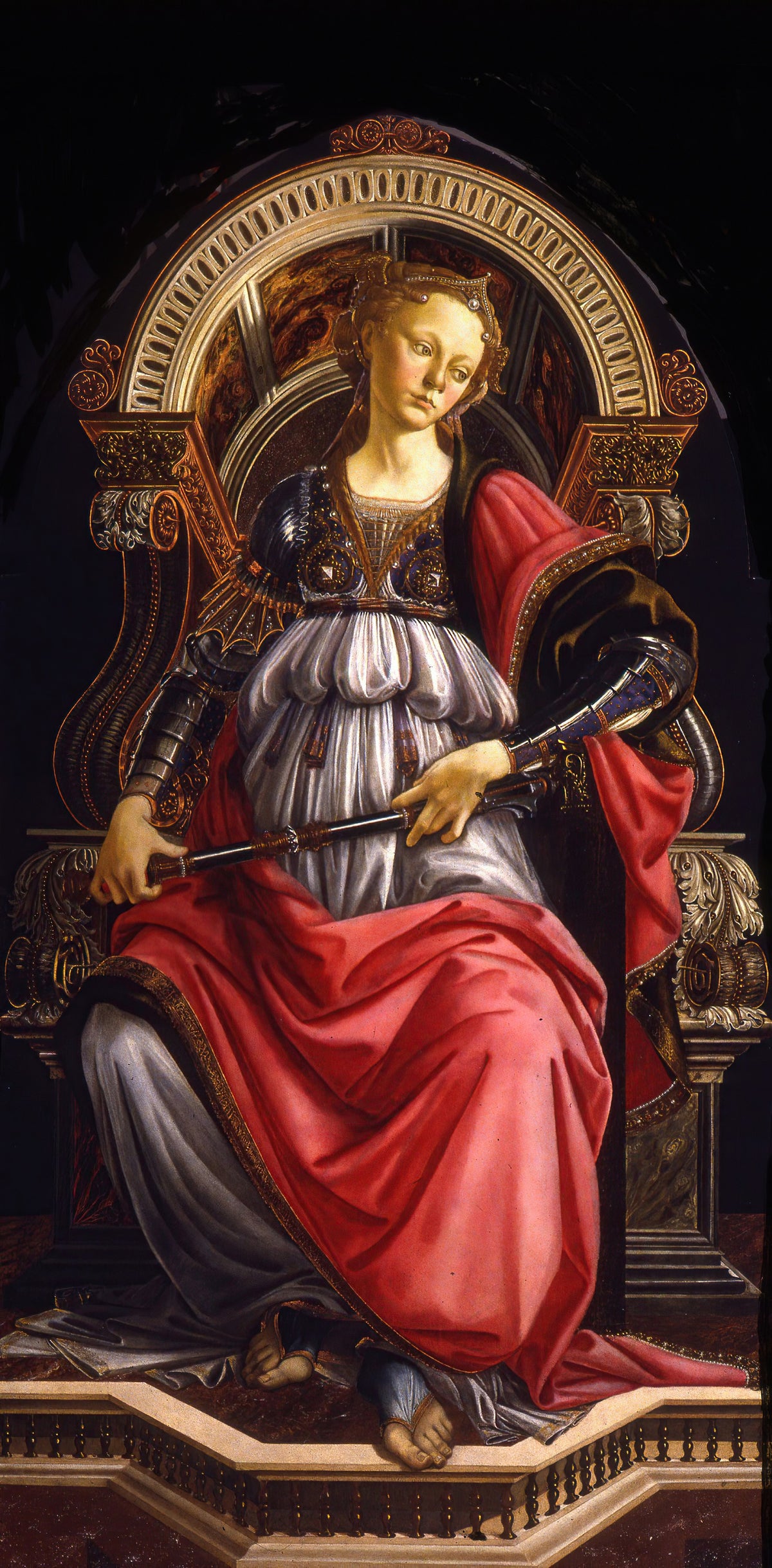 Fortitude by Sandro Botticelli — A young woman in steel armour and a red mantle on a marble throne