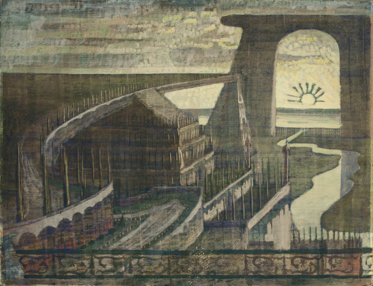Fortress by Mikalojus Konstantinas Čiurlionis — Stone ramparts climb toward a great arch framing a half sun