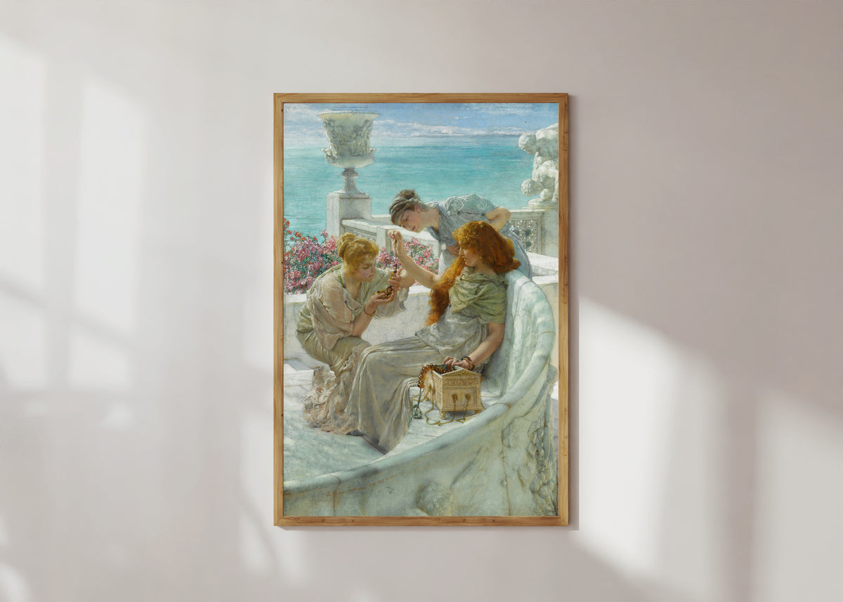 Framed art print of Fortune's Favourite by Lawrence Alma-Tadema, in a light wood frame on a sunlit white wall