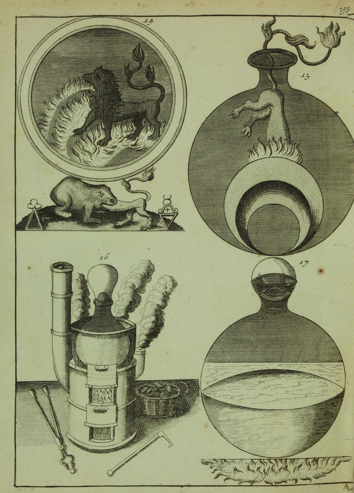 Four Alchemical Vessels (Elementa Chemiae, Plate 505) by Johann Conrad Barchusen — A lion in flames, a bear and glowing flasks in four alchemical figures