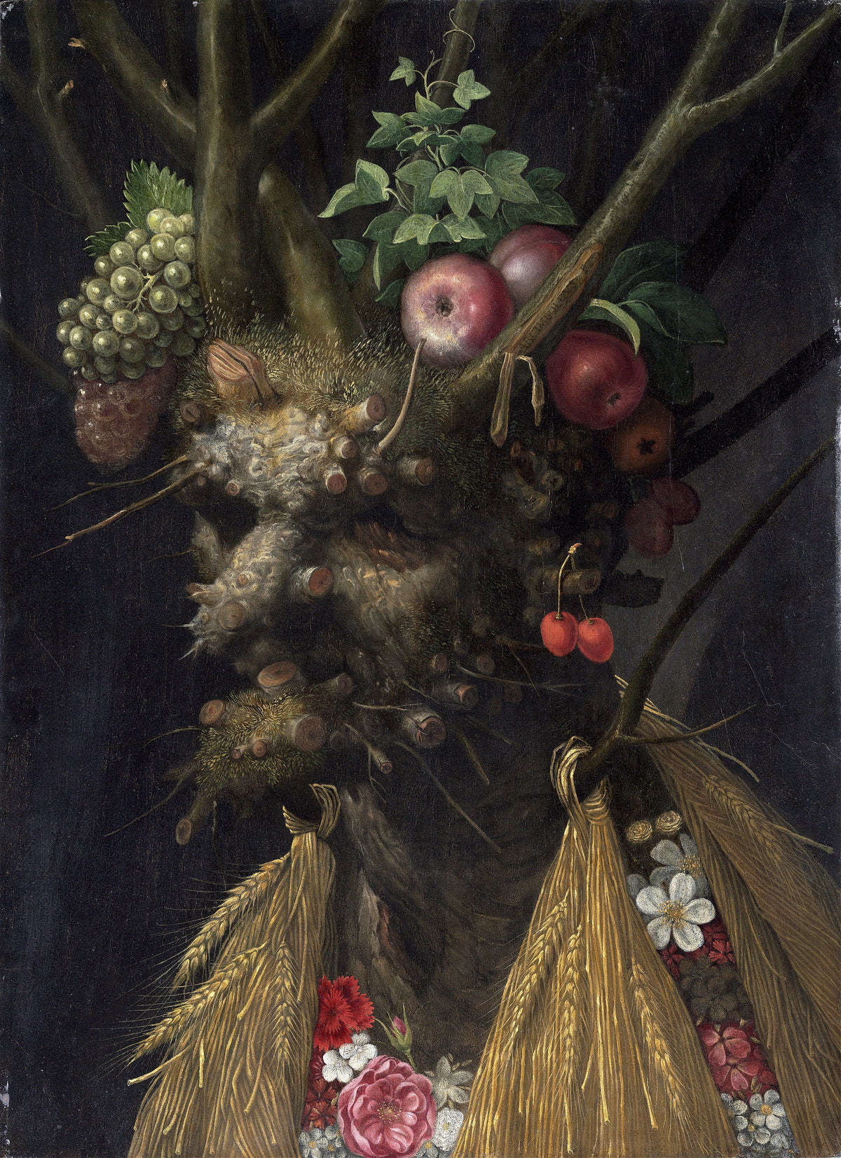 Four Seasons in One Head by Giuseppe Arcimboldo — A head built from a gnarled trunk, fruit, wheat and flowers