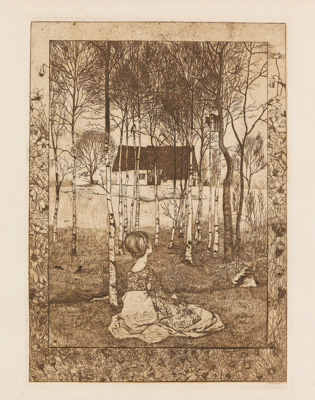 Frühling by Heinrich Vogeler — A young woman sits in a birch grove before a thatched farmhouse