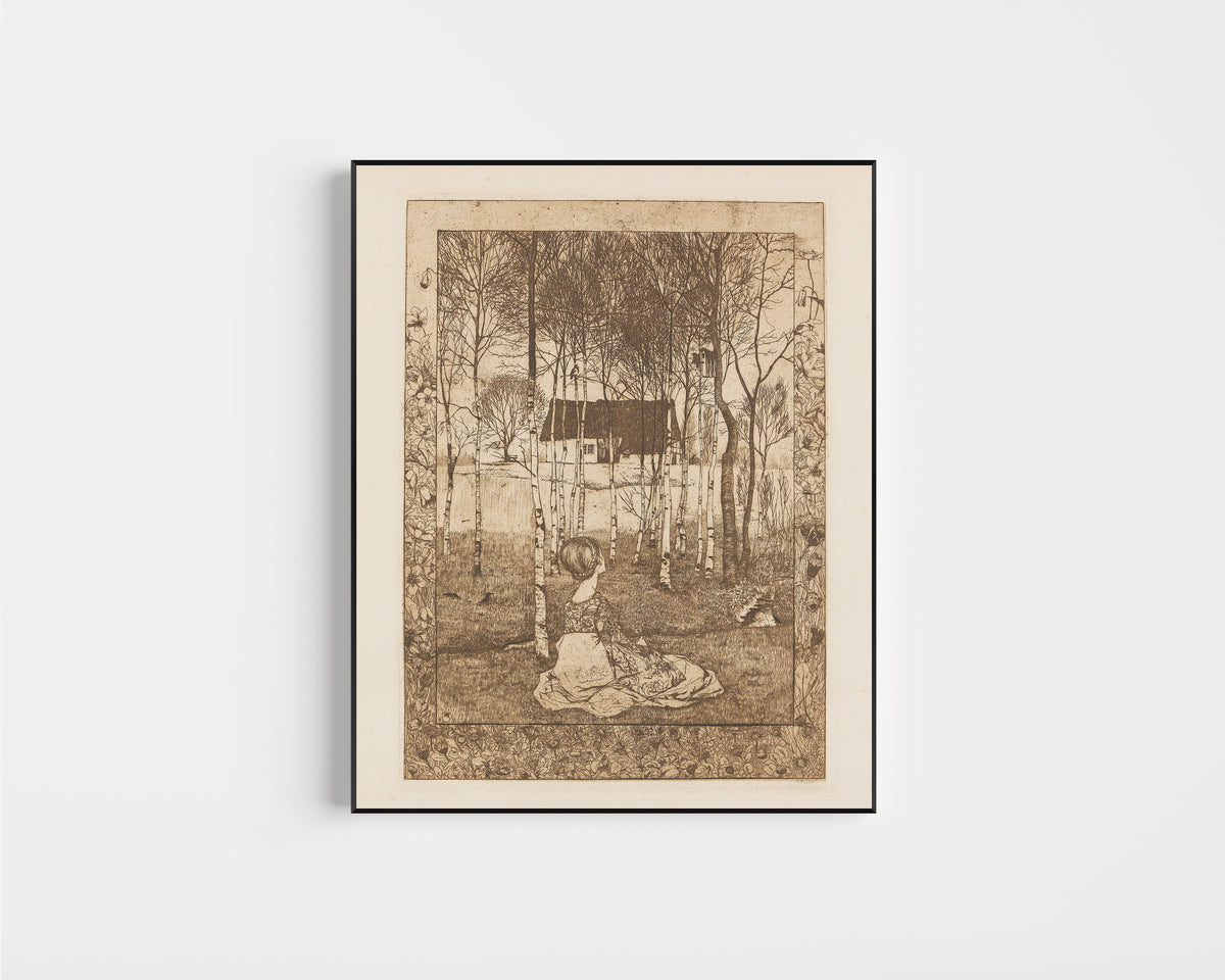 Framed art print of Frühling by Heinrich Vogeler, in a slim black frame on a plain white wall