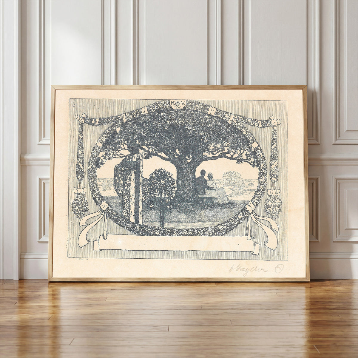 Framed art print of Frühlingsabend by Heinrich Vogeler, in a light wood frame leaning against a panelled white wall