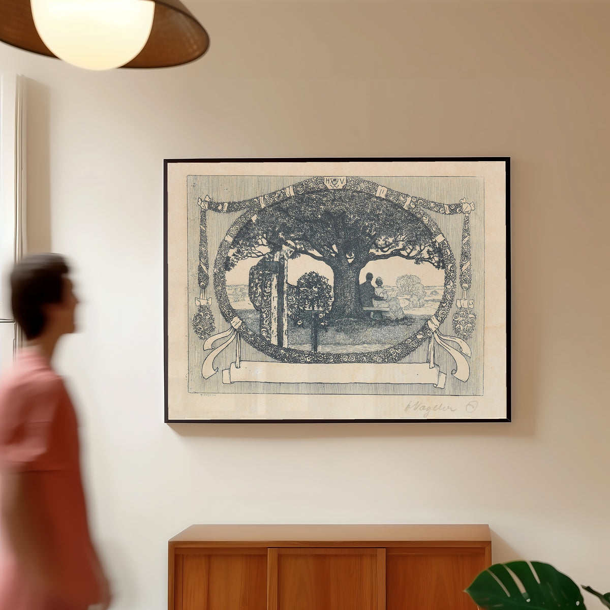 Framed art print of Frühlingsabend by Heinrich Vogeler, in a slim black frame on a warm wall in a sunlit room