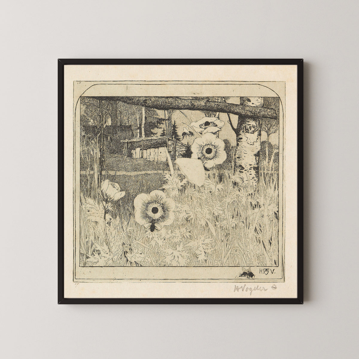 Framed art print of Frühlingsblumen by Heinrich Vogeler, in a black frame on a pale wall