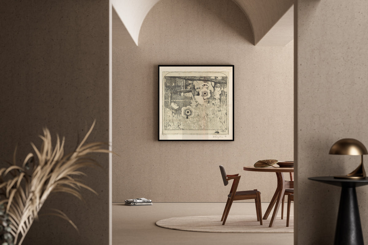Framed art print of Frühlingsblumen by Heinrich Vogeler, in a sunlit dining corner