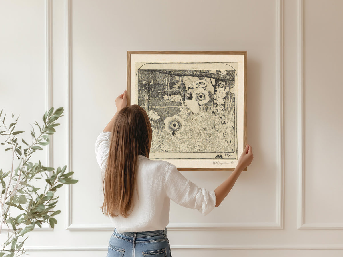 Framed art print of Frühlingsblumen by Heinrich Vogeler, hung on a panelled wall
