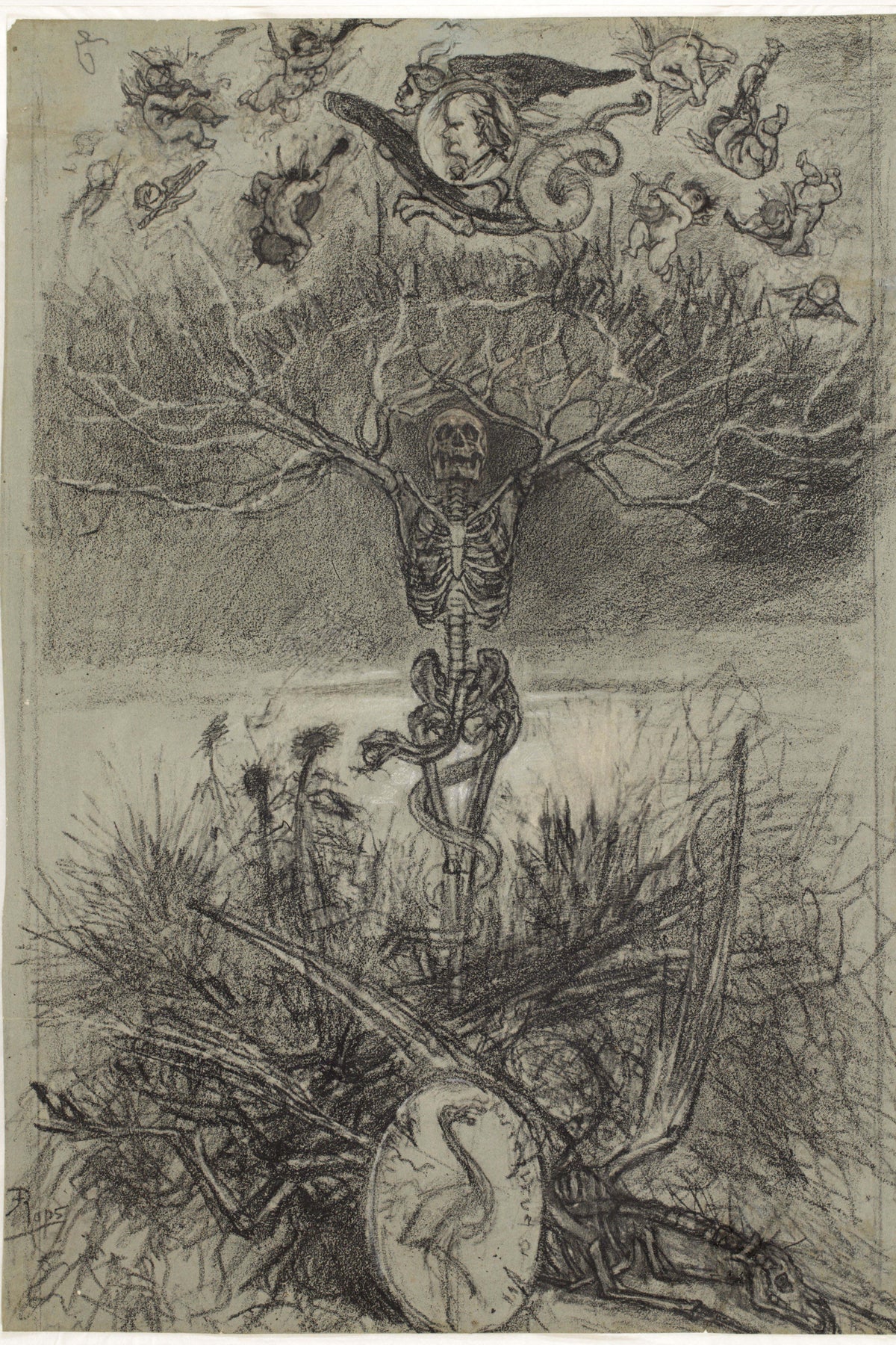 Frontispice des Épaves de Charles Baudelaire (final drawing) by Félicien Rops — A skeleton grows into a bare tree beneath a swirl of winged children