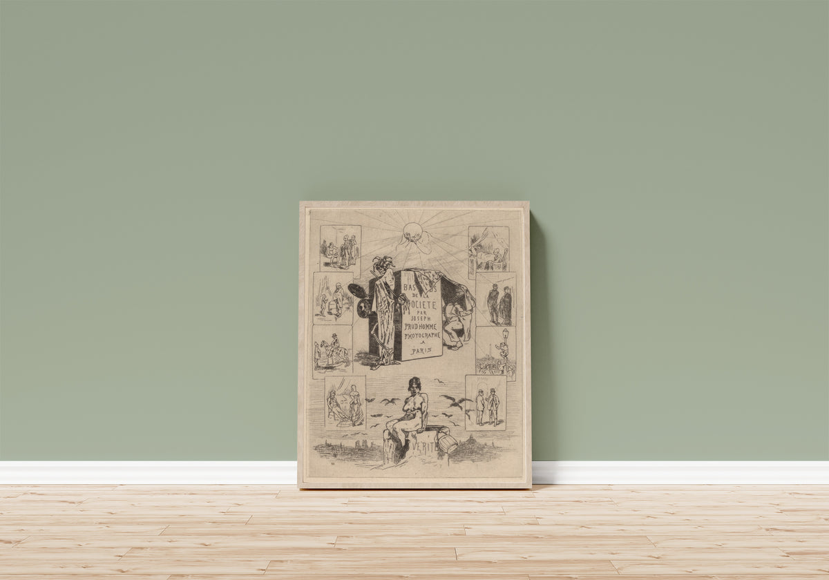 Framed art print of Frontispiece: The Dregs of Society (Les… by Félicien Rops, in a light wood frame leaning on a sage green wall above a wooden floor