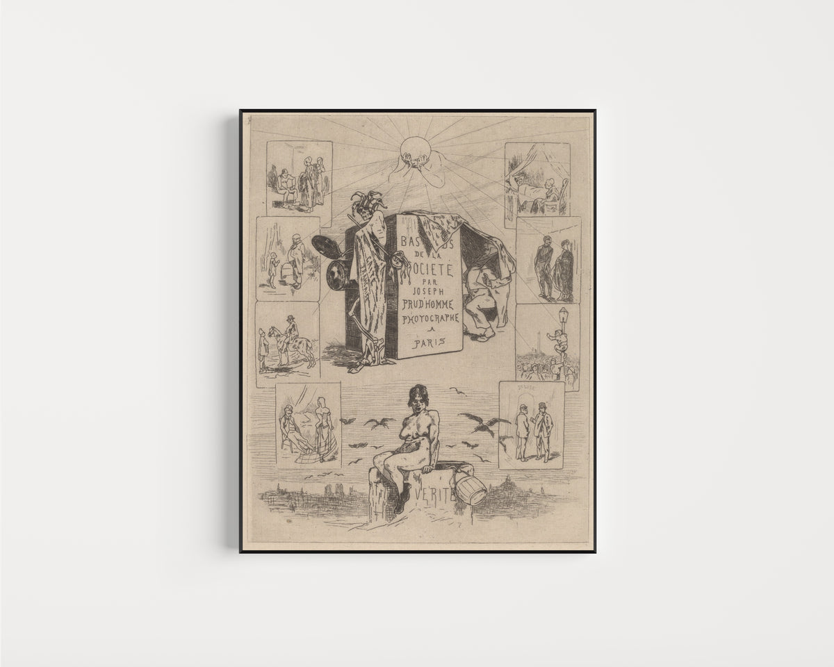 Framed art print of Frontispiece: The Dregs of Society (Les bas-fonds de la société) by Félicien Rops, in a slim black frame on a plain white wall