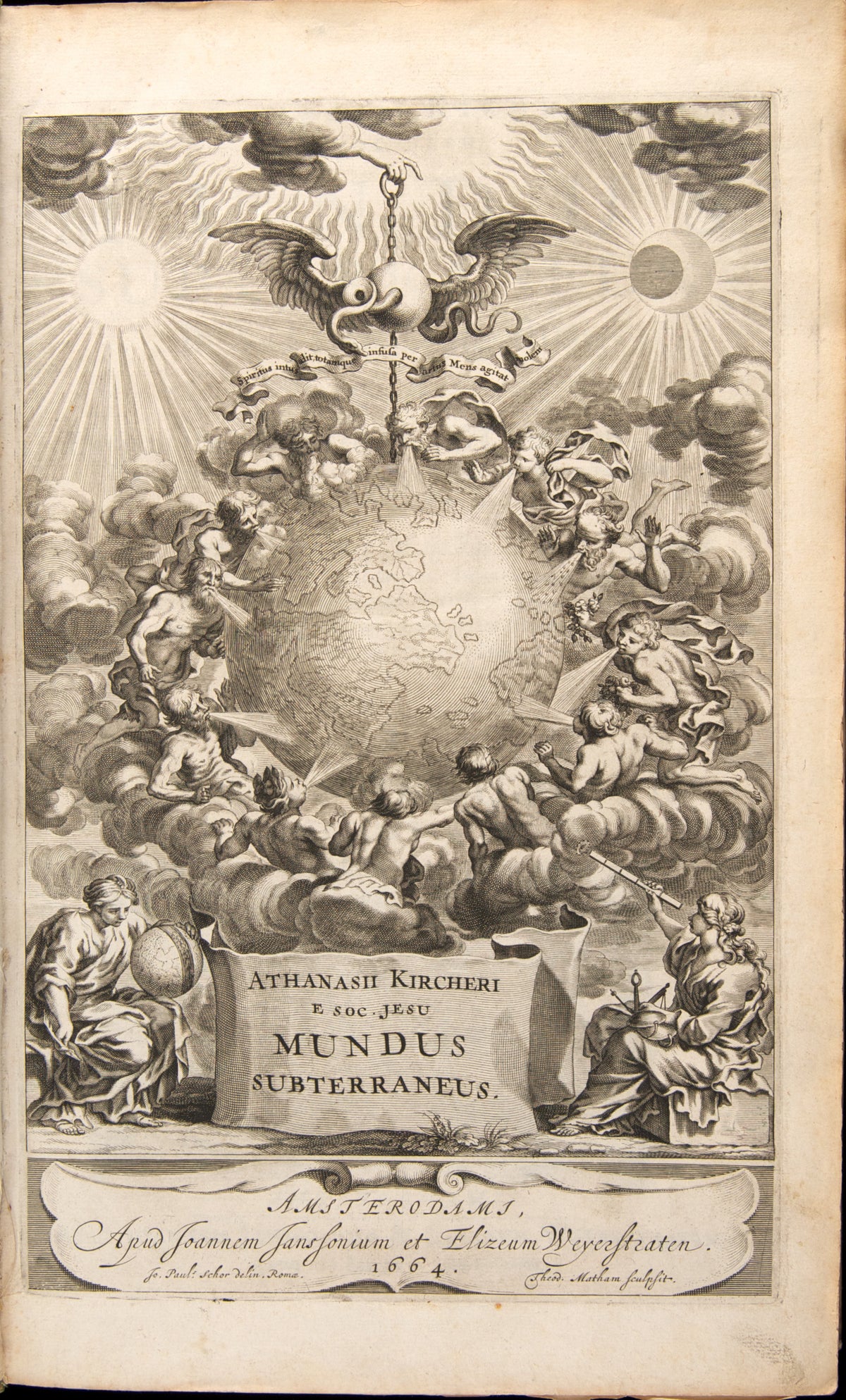 Frontispiece of Mundus Subterraneus, Volume 1 by Athanasius Kircher — Wind gods blow on the globe beneath a winged orb and two suns