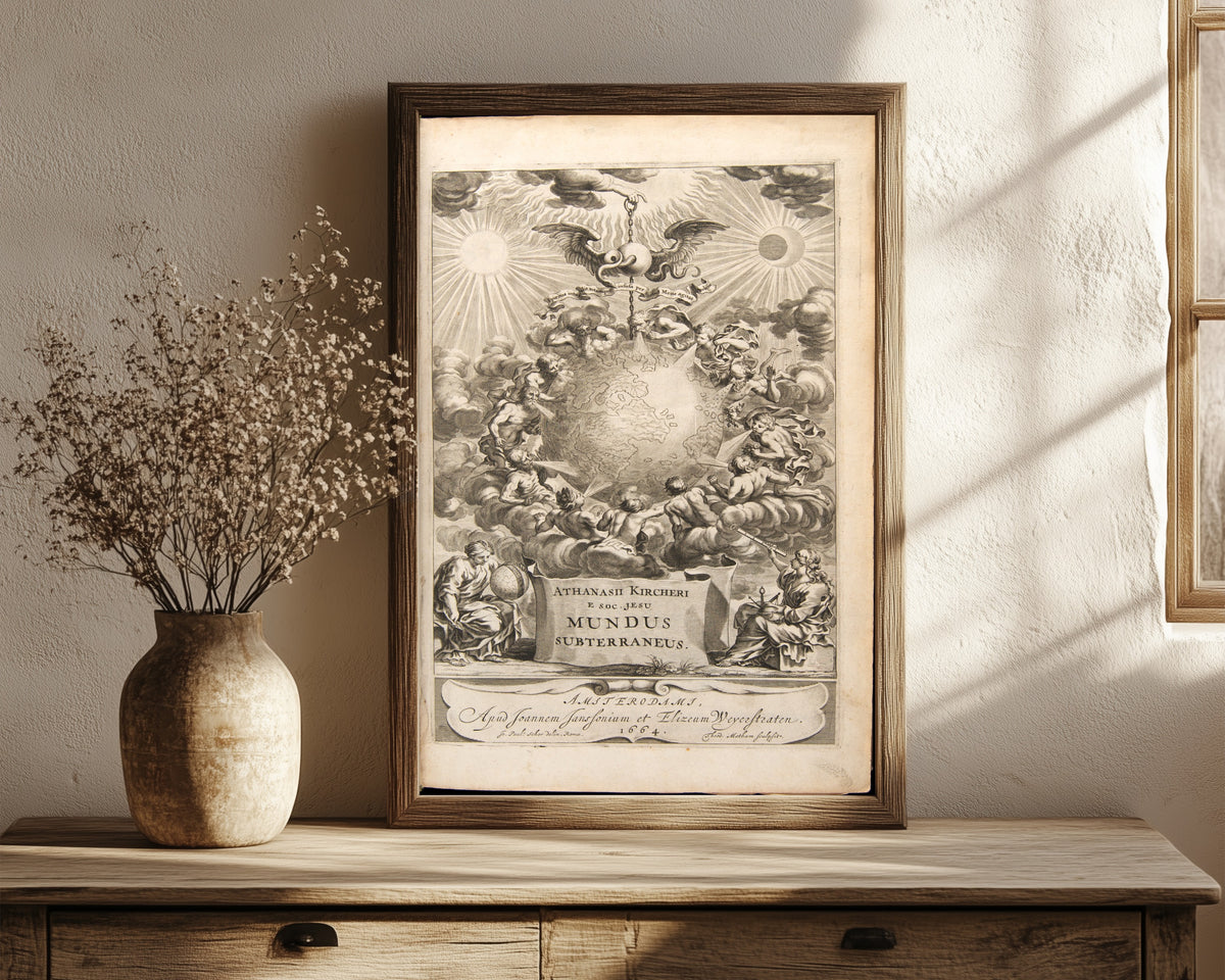 Framed art print of Frontispiece of Mundus Subterraneus, Volume 1 by Athanasius Kircher, in a dark wood frame leaning on a rustic console beside dried flowers