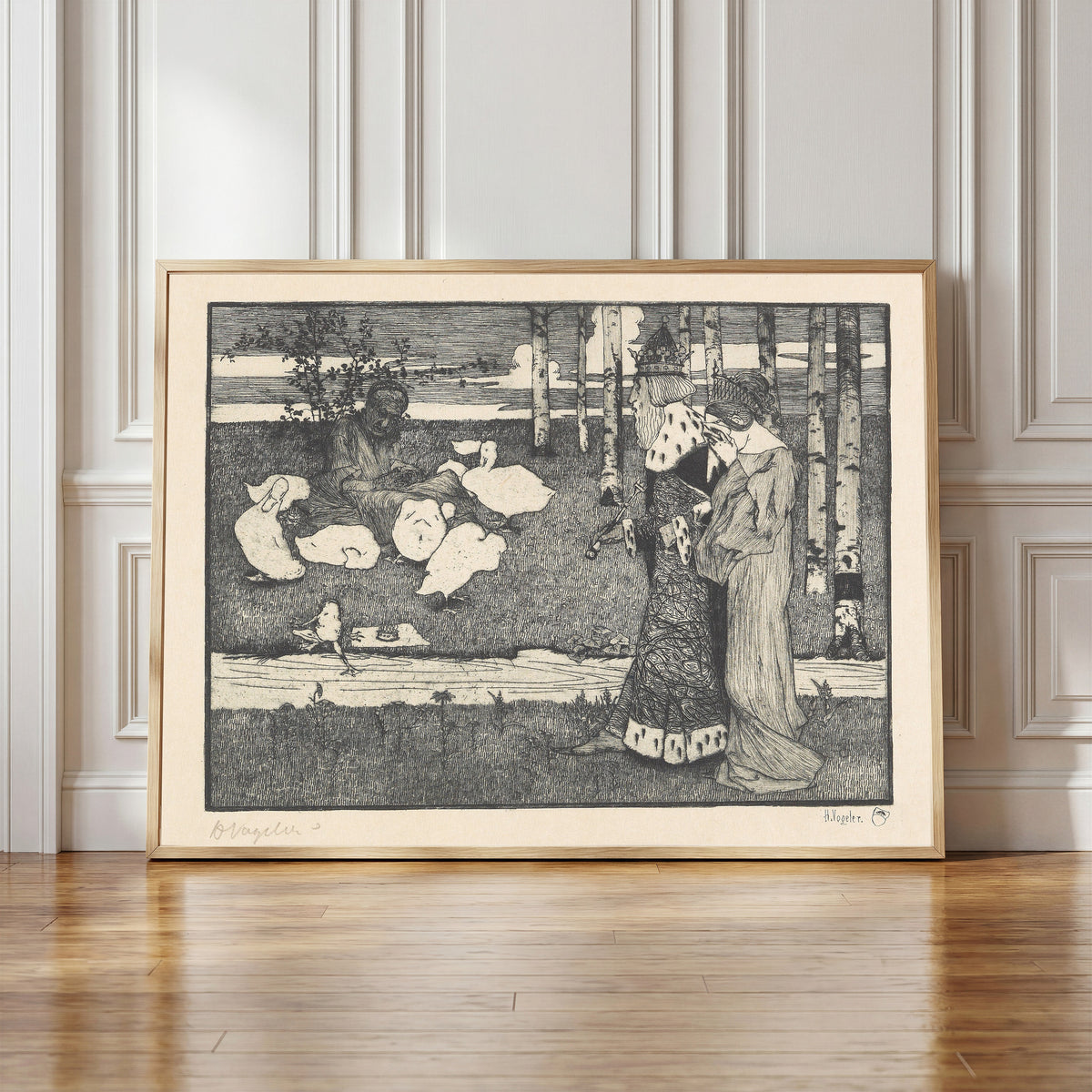 Framed art print of Froschkönig by Heinrich Vogeler, in a light wood frame leaning against a panelled white wall