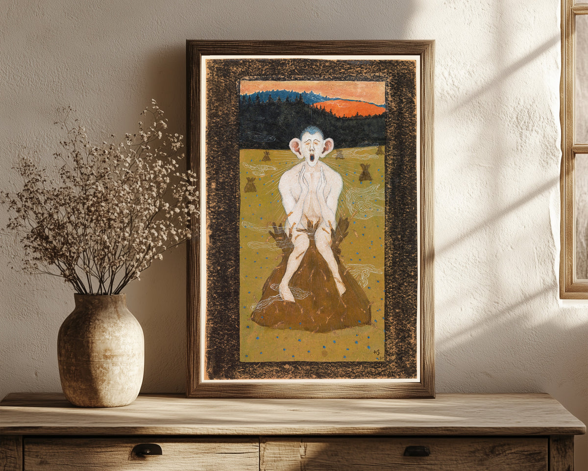 Framed art print of Frost by Hugo Simberg, in a dark wood frame leaning on a rustic console beside dried flowers