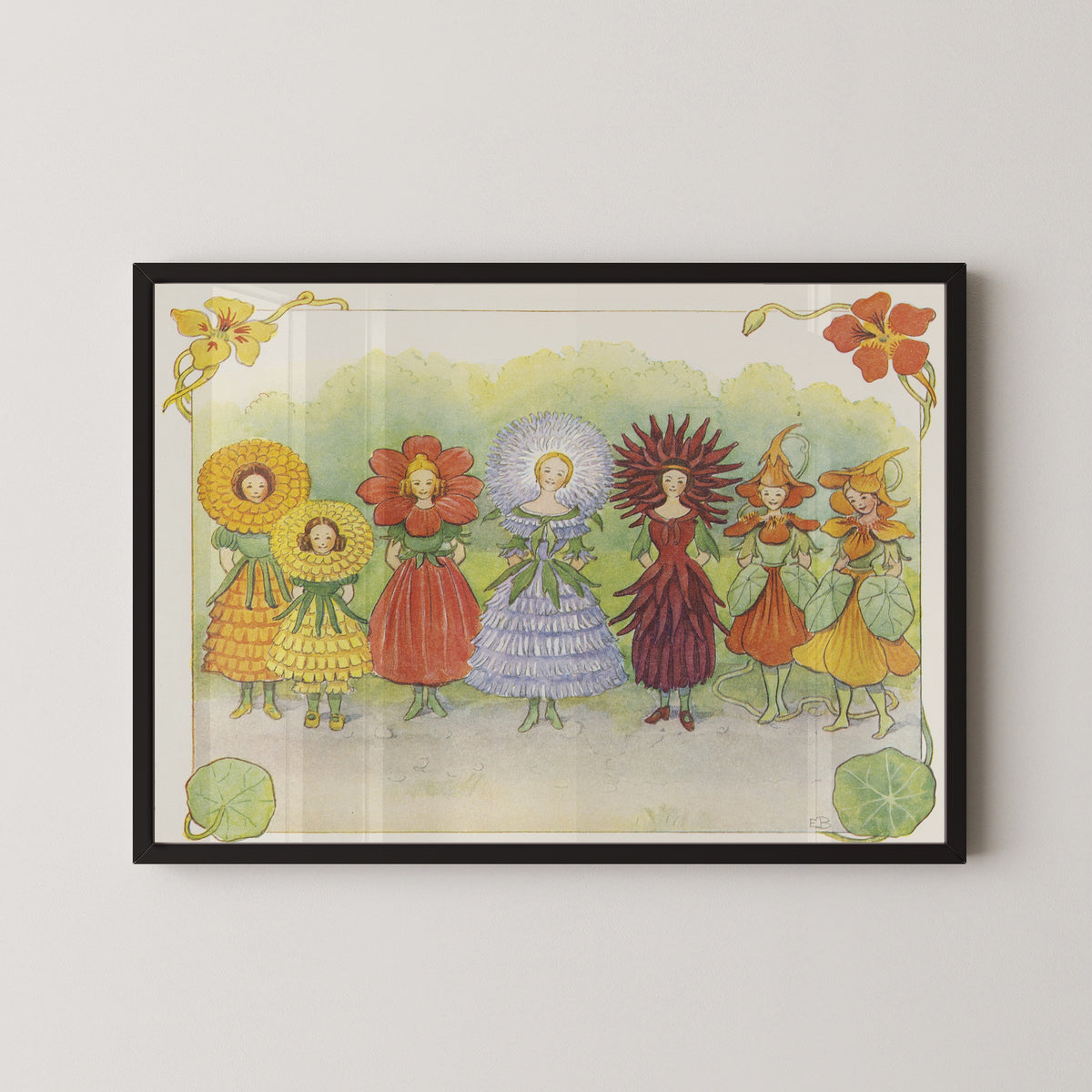 Framed art print of Fru Aster, Fru Dalia and the Garden Flowers by Elsa Beskow, in a black frame on a pale wall