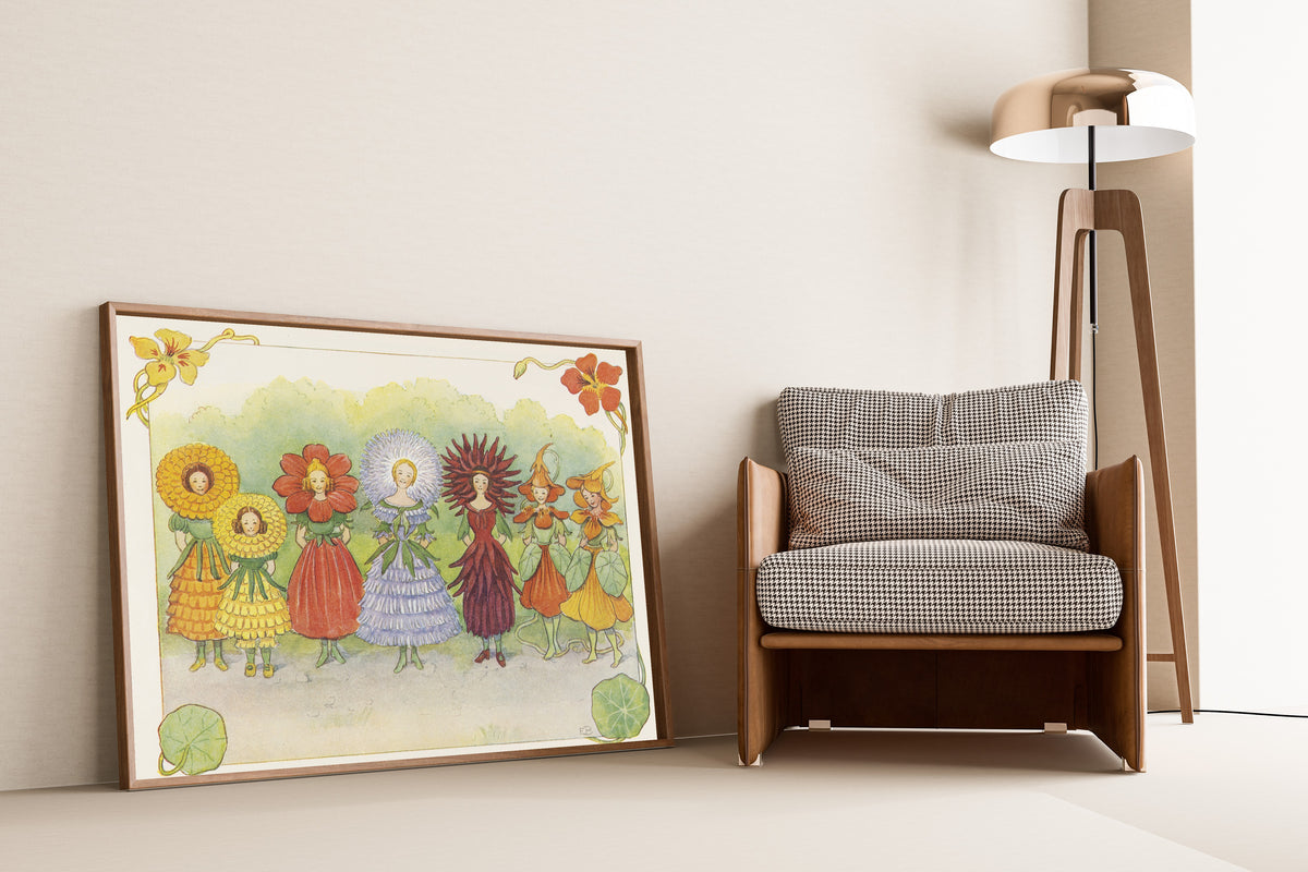 Framed art print of Fru Aster, Fru Dalia and the Garden Flowers by Elsa Beskow, leaning against a wall beside an armchair and a floor lamp