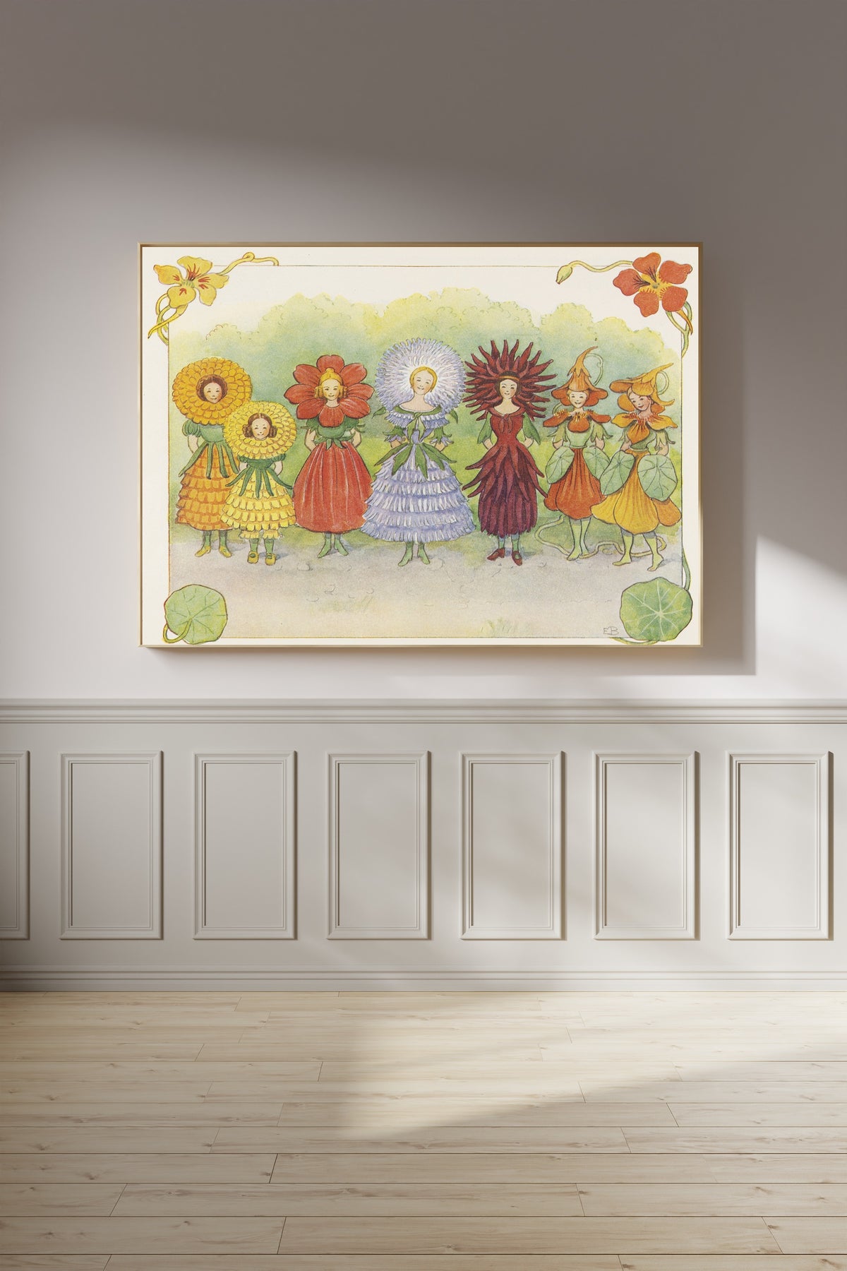 Framed art print of Fru Aster, Fru Dalia and the Garden Flowers by Elsa Beskow, on a panelled wall in afternoon light
