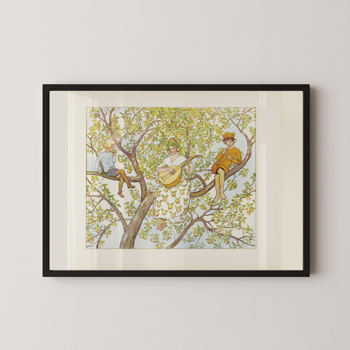 Framed art print of Fru Astrakan, September and Lasse in the Apple Tree by Elsa Beskow, in a black frame on a pale wall