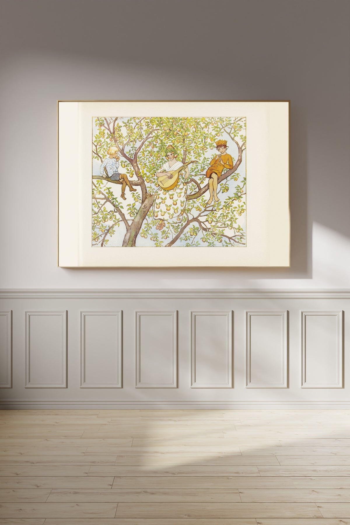 Framed art print of Fru Astrakan, September and Lasse in the Apple Tree by Elsa Beskow, on a panelled wall in afternoon light