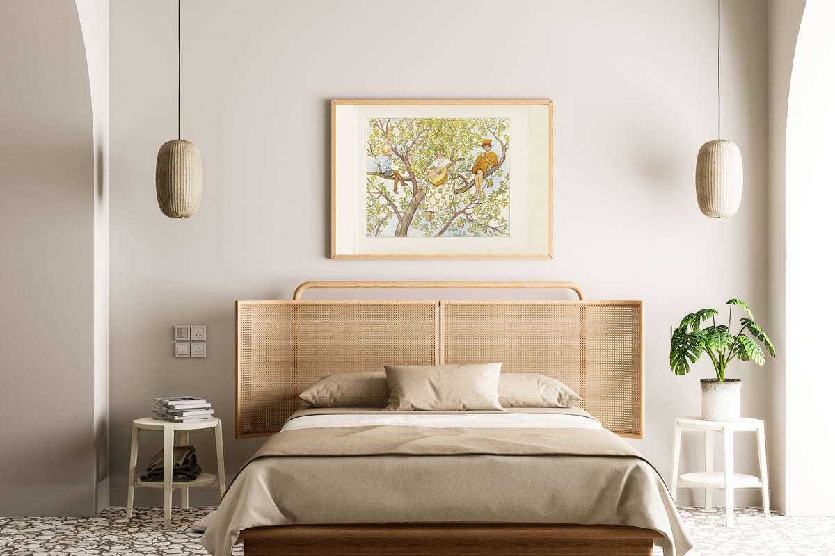 Framed art print of Fru Astrakan, September and Lasse in the Apple Tree by Elsa Beskow, above a cane-headboard bed